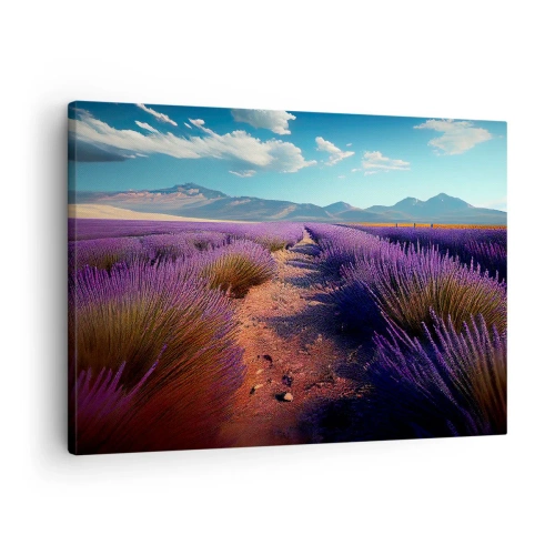 Obraz na plátne - Levanduľové pole s výhľadom na hory a modrú oblohu - 70x50cm - Voňavé polia - Moderná nástenná dekorácia do obývacej izby a spálne ARTTOR