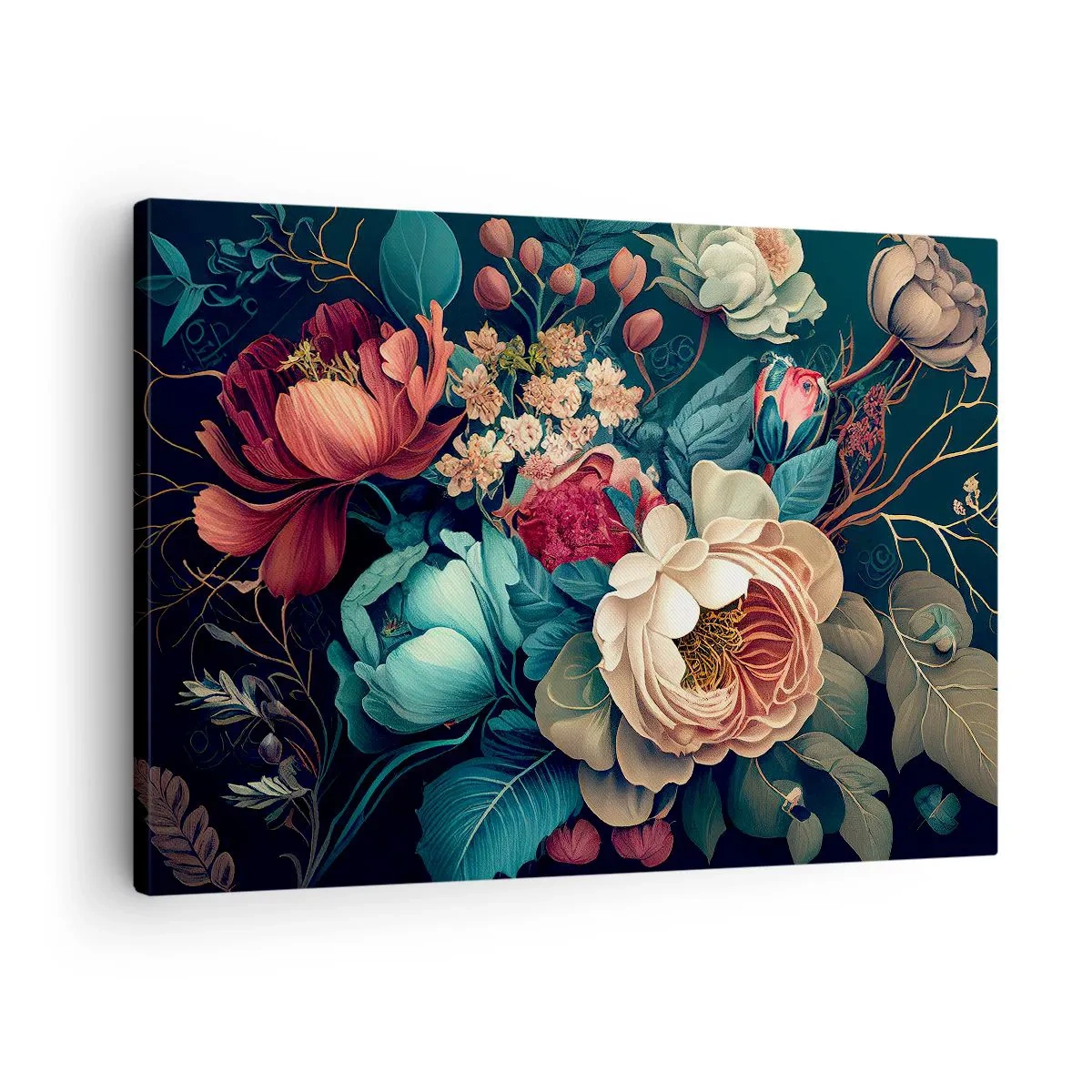 Obraz na plátne - Farebná kompozícia kvetov na tmavom pozadí - 70x50cm - Pôvab 19. storočia - Moderná nástenná dekorácia do obývacej izby a spálne ARTTOR