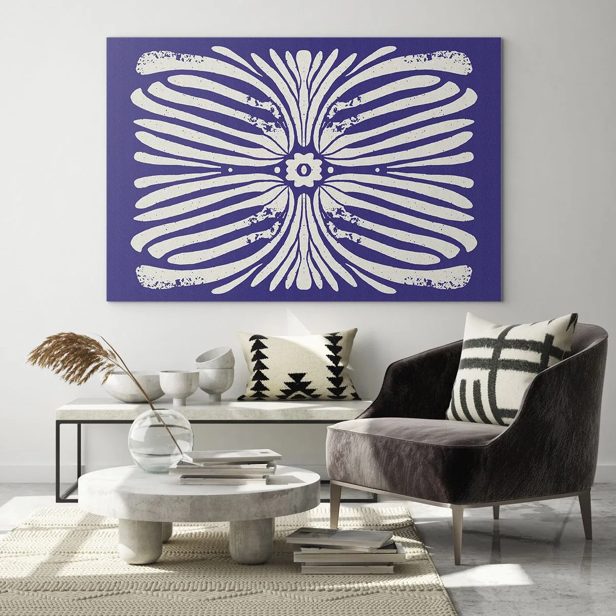 Obraz na skle - Symetrický etnický vzor na fialovom pozadí - 70x50cm - Etnické inšpirácie - Moderná nástenná dekorácia do obývacej izby a spálne ARTTOR