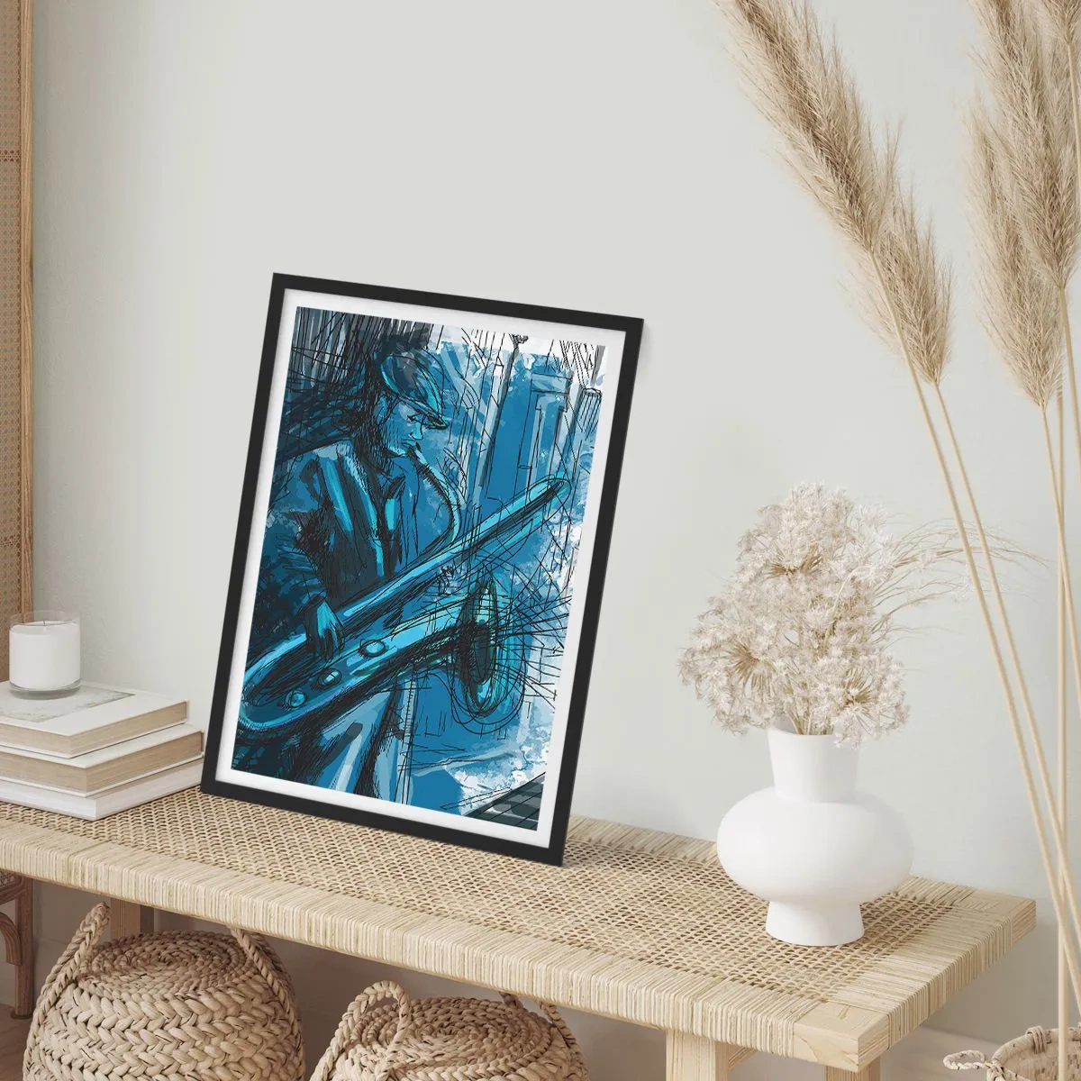 Plagát v čiernom ráme - umelecký náčrt hudobníka hrajúceho na saxofón - 50x70cm - Mestská rapsódia - Moderná nástenná dekorácia do obývacej izby a spálne ARTTOR
