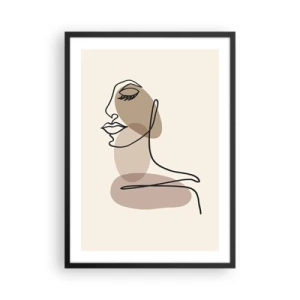Plagát v čiernom ráme - Minimalistický portrét ženy v béžových odtieňoch. - 50x70cm - Pri počúvaní samého seba - Moderná nástenná dekorácia do obývacej izby a spálne ARTTOR
