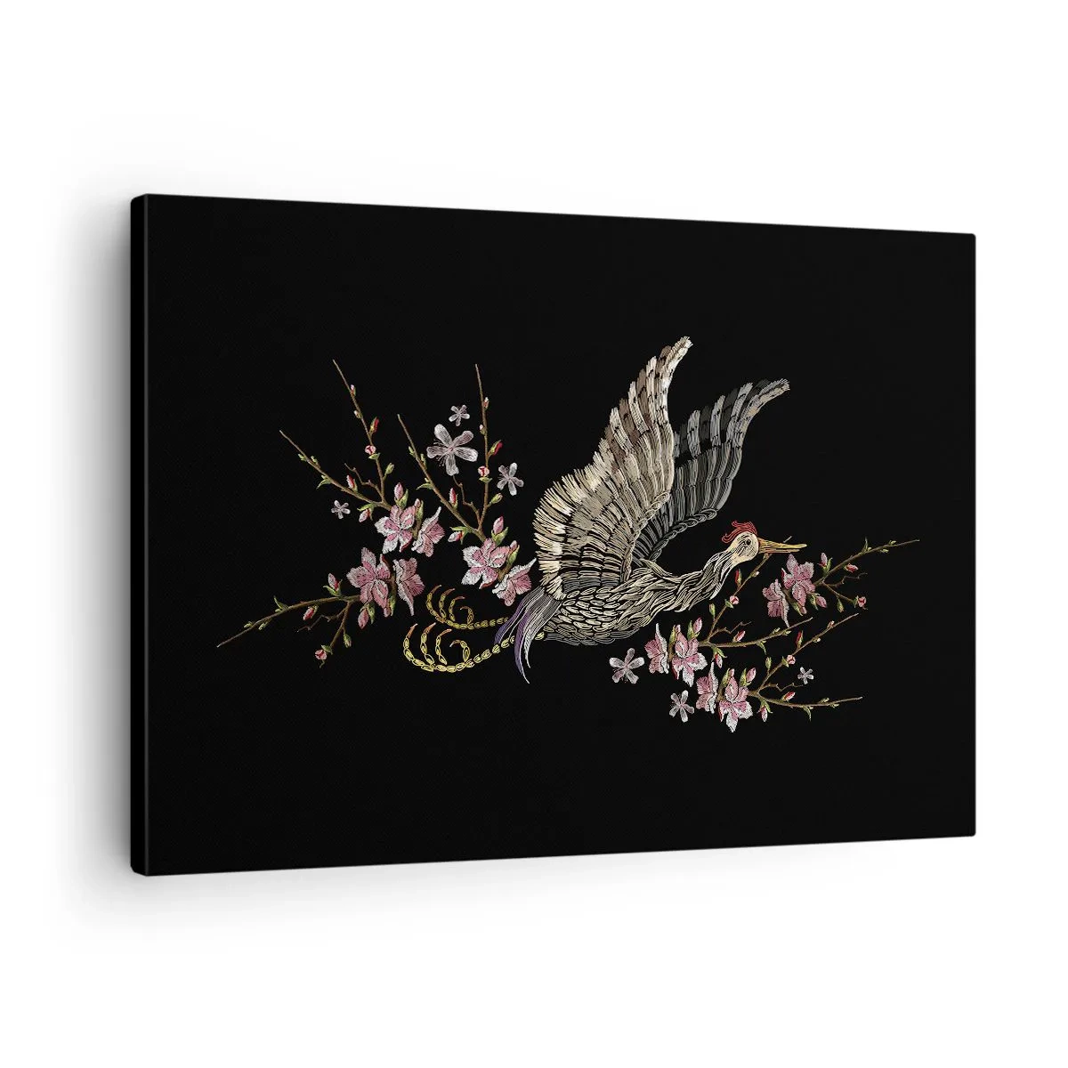 Obraz na plátne - Vták za letu s kvetmi na čiernom pozadí - 70x50cm - Exotický vyšívaný vták - Moderná nástenná dekorácia do obývacej izby a spálne ARTTOR