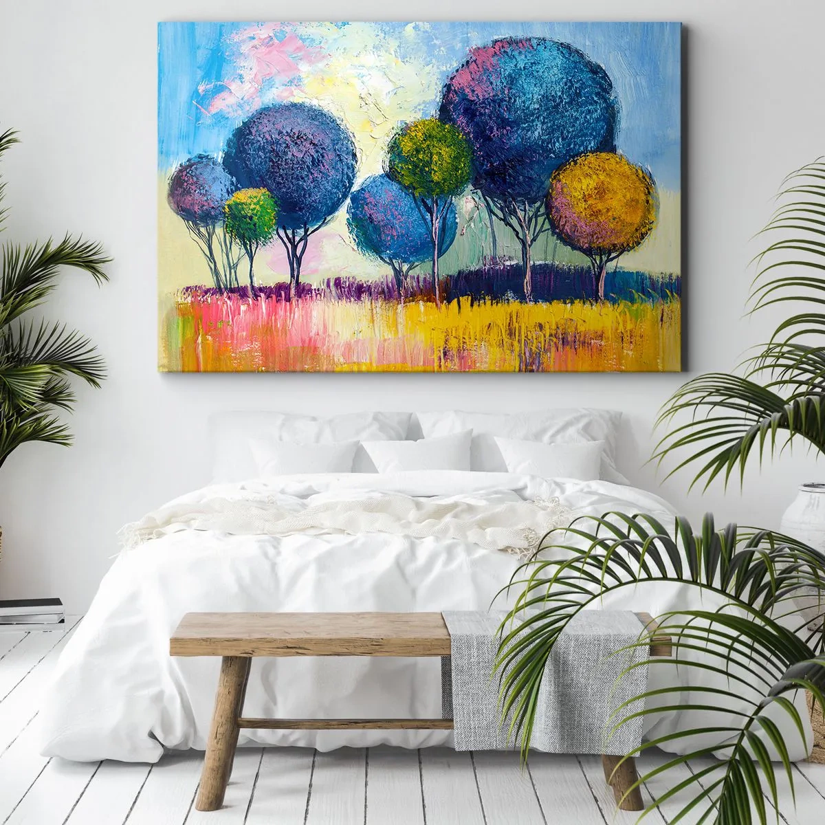 Obraz na plátne - Farebné guľovité stromy na pozadí krajiny - 70x50cm - Guľa - tvar ideálu - Moderná nástenná dekorácia do obývacej izby a spálne ARTTOR