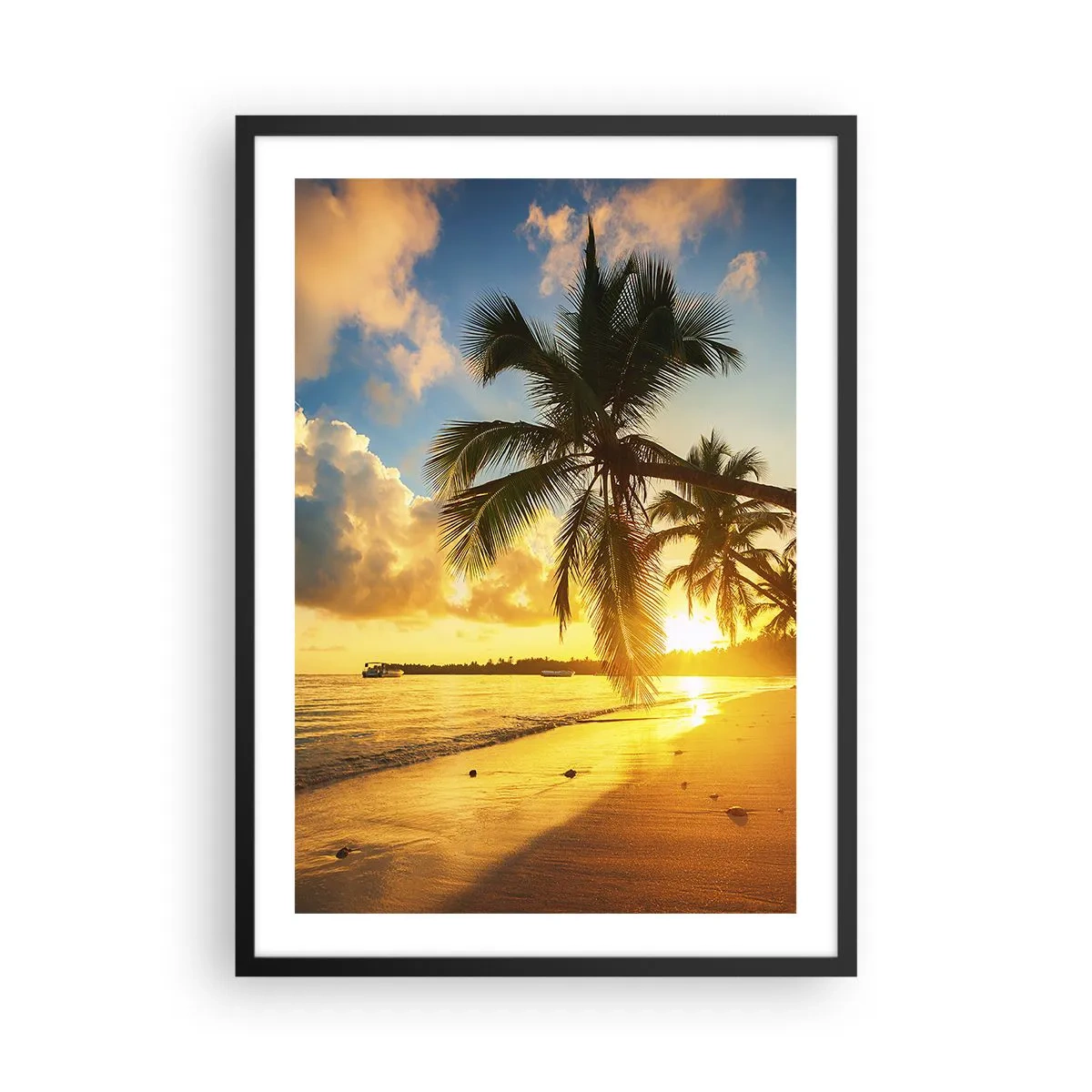 Plagát v čiernom ráme - Tropická pláž pri západe slnka s palmami - 50x70cm - Karibský sen - Moderná nástenná dekorácia do obývacej izby a spálne ARTTOR