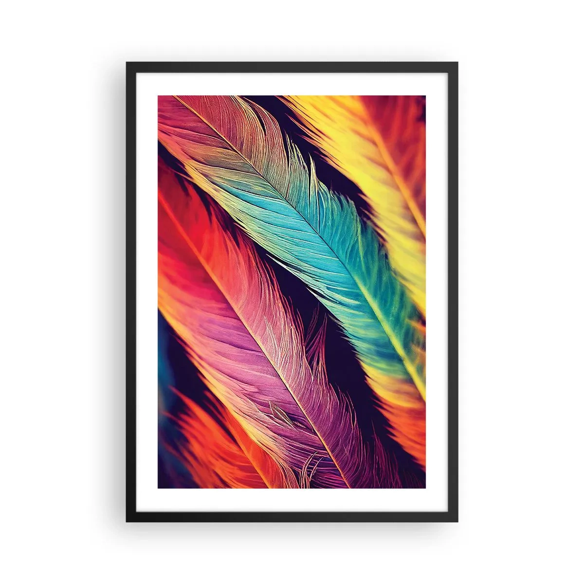 Plagát v čiernom ráme - Farebné perie v žiarivých odtieňoch na tmavom pozadí - 50x70cm - Operená dúha - Moderná nástenná dekorácia do obývacej izby a spálne ARTTOR