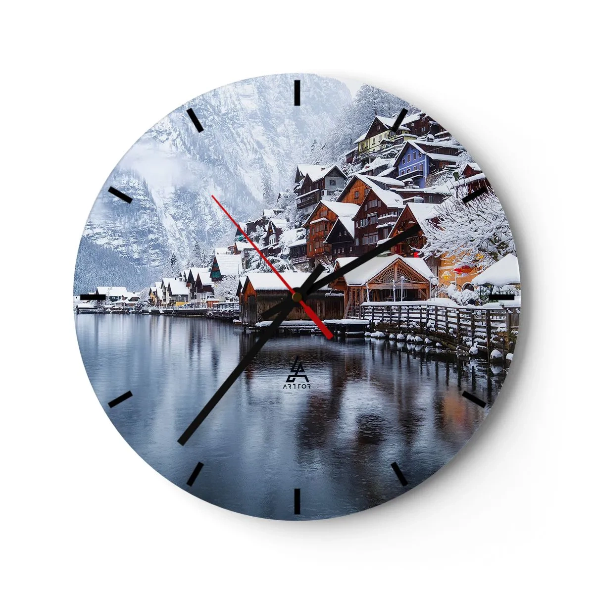 Nástenné hodiny - Zimná horská krajina s chatkami pri jazere - 30x30cm - V zimnej dekorácii - Moderná nástenná dekorácia do obývacej izby, kuchyne a spálne ARTTOR