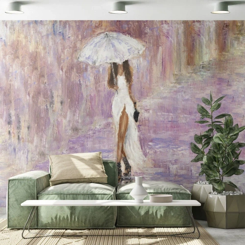 Fototapeta Premium Canvas - V ľaliovom daždi - Žena, Móda, Prechádzka v daždi - 450x315 cm