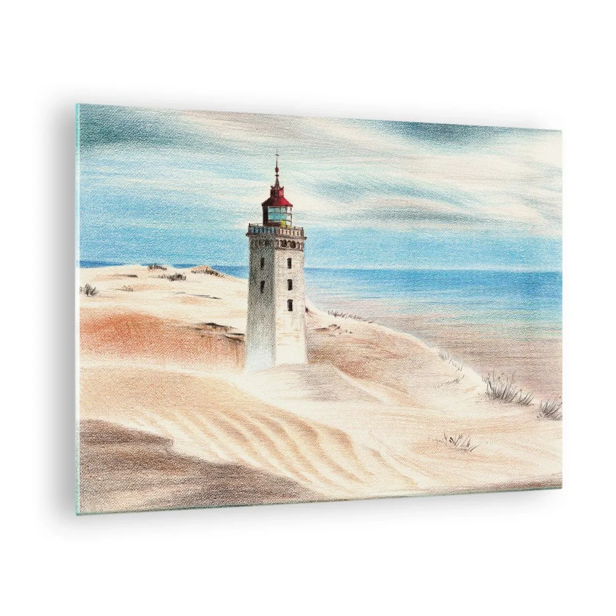 Obraz na skle - Maják na púštnej dune pri pokojnom mori - 70x50cm - Vždy hľadí na more - Moderná nástenná dekorácia do obývacej izby a spálne ARTTOR