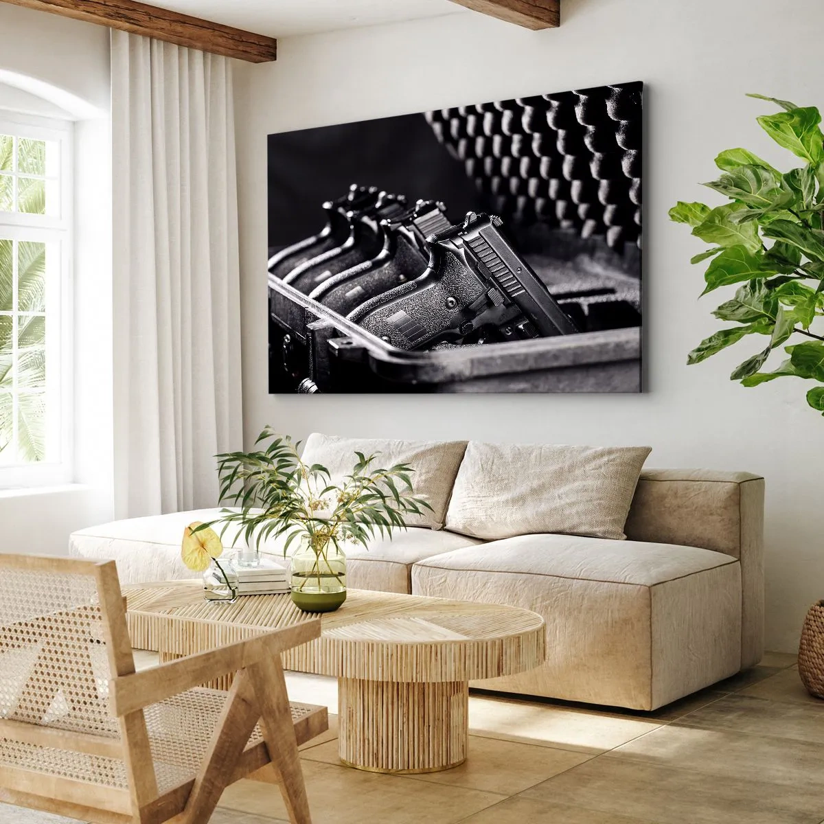 Obraz na plátne - Čiernobiely obrázok hromady zbraní v kufri. - 70x50cm - Mužský šport - Moderná nástenná dekorácia do obývacej izby a spálne ARTTOR