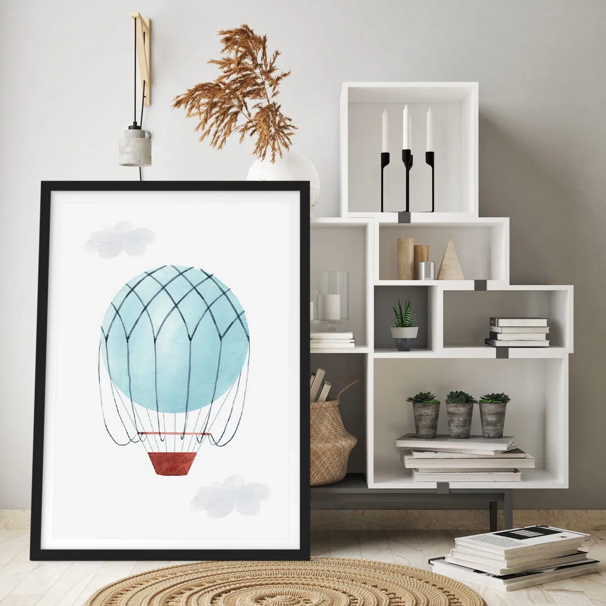 Plagát v čiernom ráme - Akvarelové teplovzdušné balóny vznášajúce sa medzi oblakmi - 50x70cm - Celý v oblakoch - Moderná nástenná dekorácia do obývacej izby a spálne ARTTOR