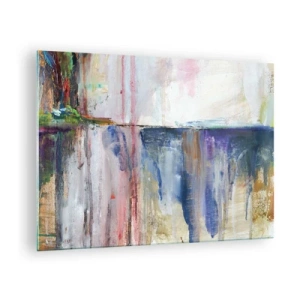 Obraz na skle - Farebná abstrakcia s dynamickými pruhmi a textúrami farby. - 70x50cm - Farebné dojmy a asociácie - Moderná nástenná dekorácia do obývacej izby a spálne ARTTOR