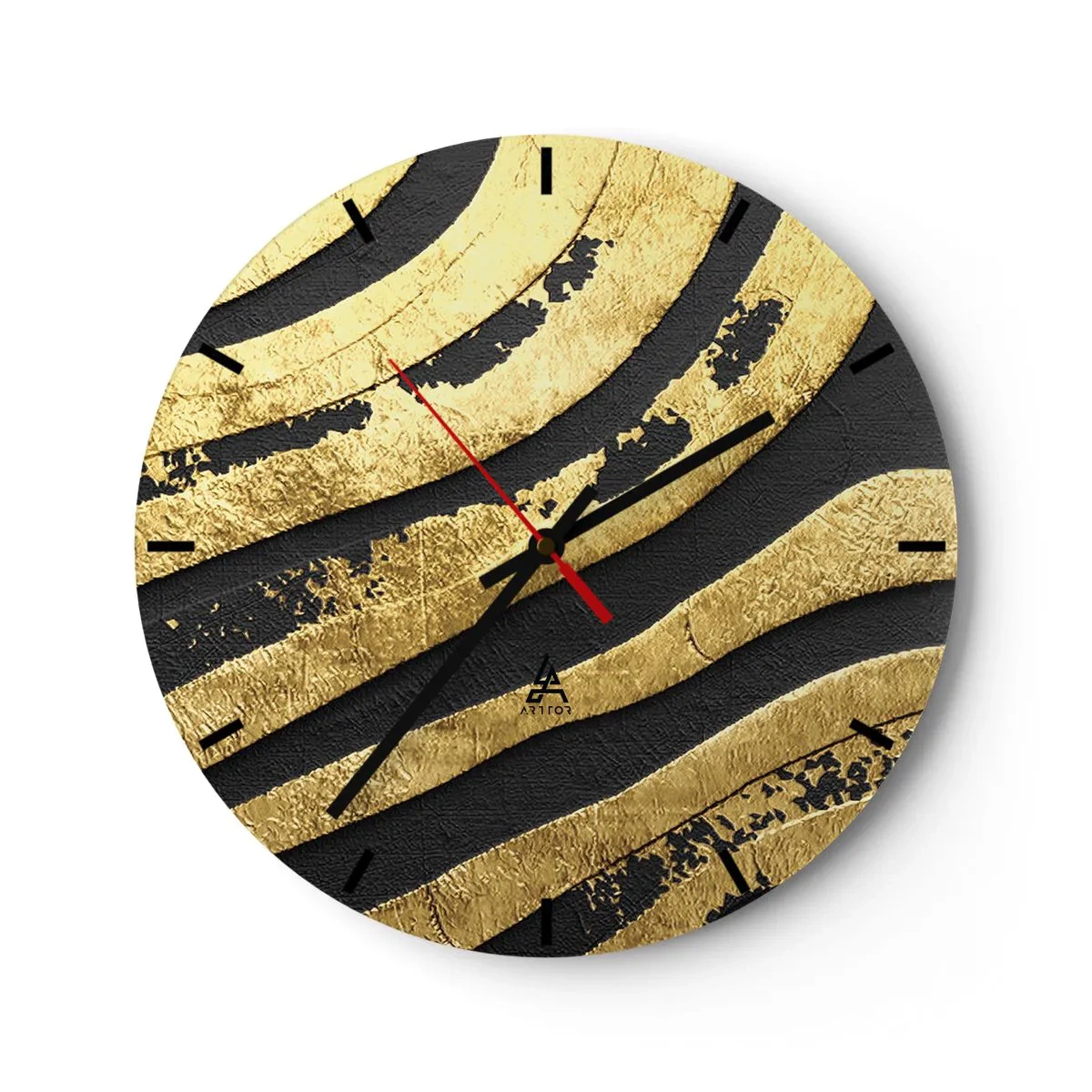 Nástenné hodiny - Abstraktný vzor v zlatej a čiernej farbe - 30x30cm - Všetko plynie - Moderná nástenná dekorácia do obývacej izby, kuchyne a spálne ARTTOR