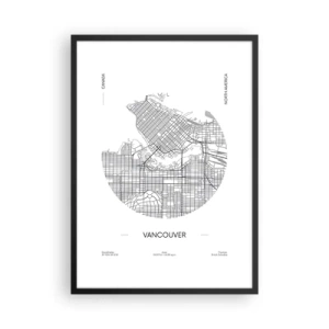 Plagát v čiernom ráme - Minimalistická čiernobiela mapa Vancouveru - 50x70cm - Anatómia Vancouveru - Moderná nástenná dekorácia do obývacej izby a spálne ARTTOR
