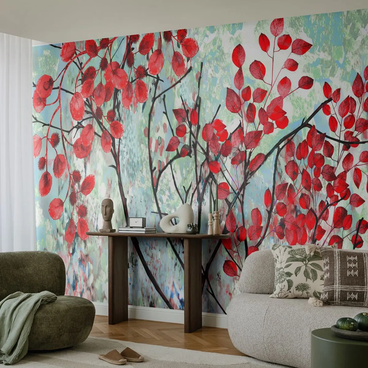 Fototapeta Standard Eco - Strom v šarlátovej - Abstrakcia, Červené listy, Pobočka - 250x175 cm