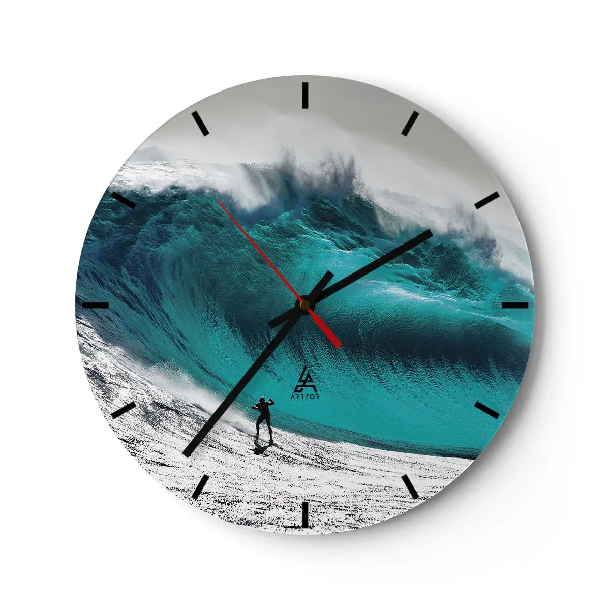 Nástenné hodiny - Surfer pred obrovskou tyrkysovou vlnou - 30x30cm - Výzva prijatá - Moderná nástenná dekorácia do obývacej izby, kuchyne a spálne ARTTOR