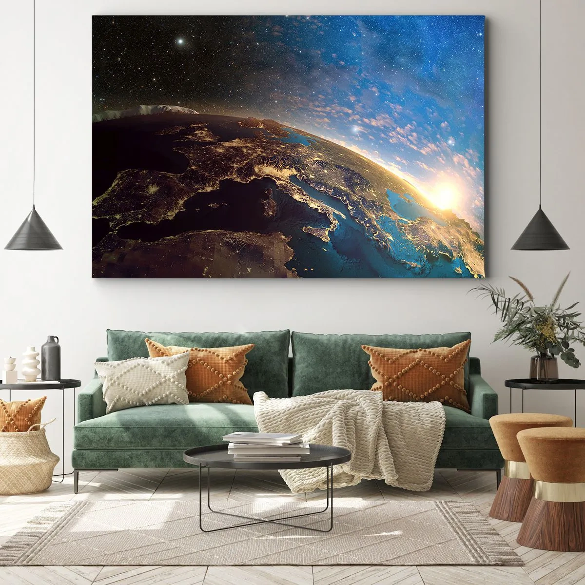 Obraz na plátne - Pohľad na Zem z vesmíru pri východe slnka - 70x50cm - Pozrime sa na seba s odstupom - Moderná nástenná dekorácia do obývacej izby a spálne ARTTOR