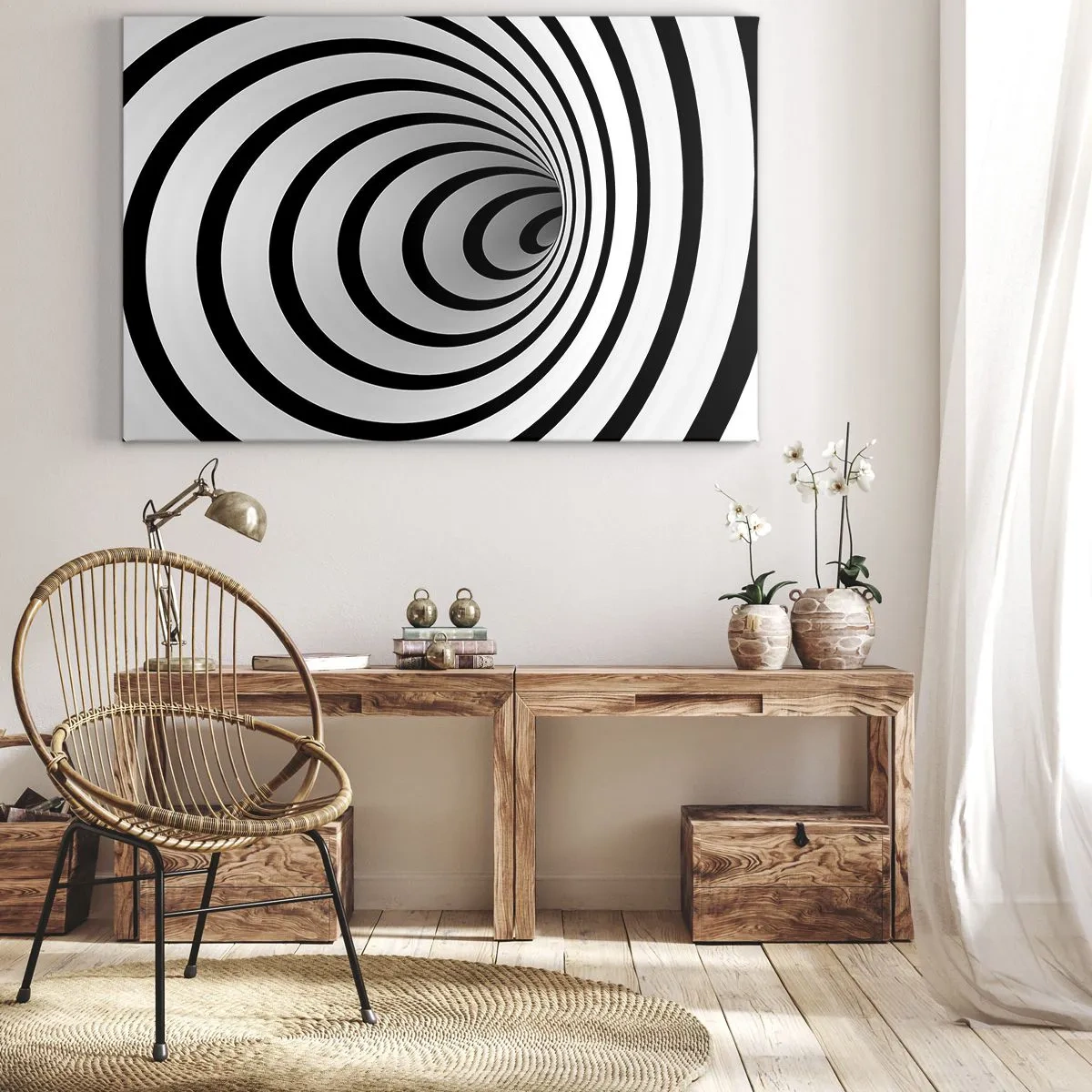 Obraz na plátne - Čiernobiela špirála vytvárajúca hypnotický efekt - 70x50cm - Tiež nemôžete odolať? - Moderná nástenná dekorácia do obývacej izby a spálne ARTTOR