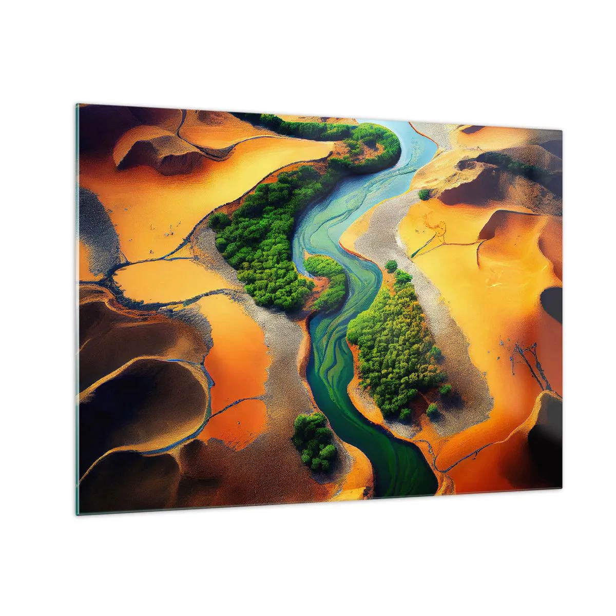 Obraz na skle - Zelené oázy a rieka medzi oranžovými dunami - 70x50cm - Životodarná rieka - Moderná nástenná dekorácia do obývacej izby a spálne ARTTOR