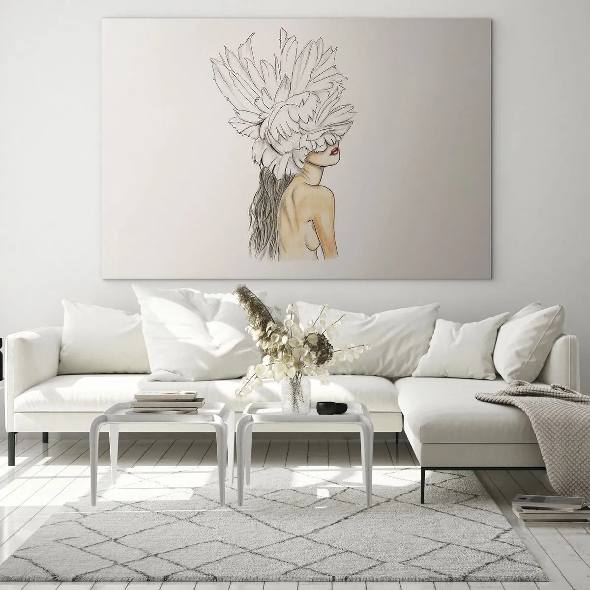 Obraz na skle - Kresba ženy s dlhými vlasmi a korunou z veľkých pierok - 70x50cm - Vrchol krásy - Moderná nástenná dekorácia do obývacej izby a spálne ARTTOR