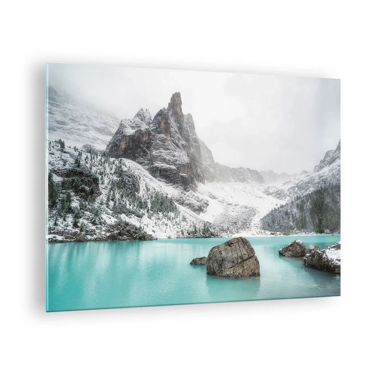 Obraz na skle - Zimná krajina s tyrkysovým jazerom - 70x50cm - Na stráži - Moderná nástenná dekorácia do obývacej izby a spálne ARTTOR