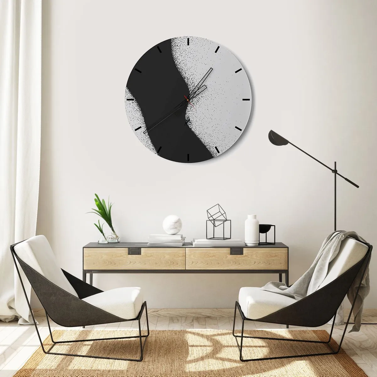 Nástenné hodiny - Čiernobiela abstrakcia s plynulým prechodom a zrnitým efektom - 30x30cm - Plynulá rovnováha - Moderná nástenná dekorácia do obývacej izby, kuchyne a spálne ARTTOR