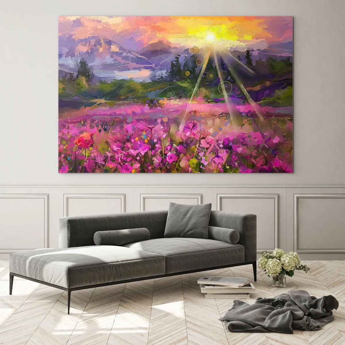 Obraz na skle - Malebné údolie plné kvetov osvetlených slnečnými lúčmi - 70x50cm - V údolí v starostlivosti slnka - Moderná nástenná dekorácia do obývacej izby a spálne ARTTOR