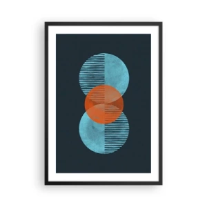 Plagát v čiernom ráme - Symetrické kruhy v odtieňoch modrej a oranžovej s čiarami - 50x70cm - Symetrická kompozícia - Moderná nástenná dekorácia do obývacej izby a spálne ARTTOR