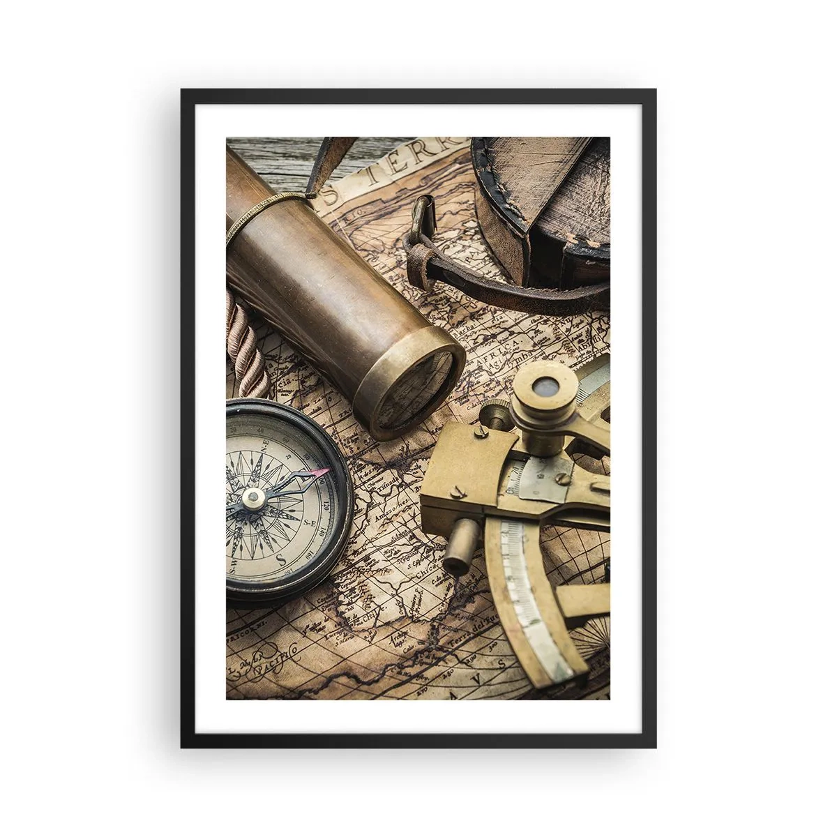 Plagát v čiernom ráme - Navigačná sada s mapou, kompasom a sextantom - 50x70cm - Urči smer - Moderná nástenná dekorácia do obývacej izby a spálne ARTTOR