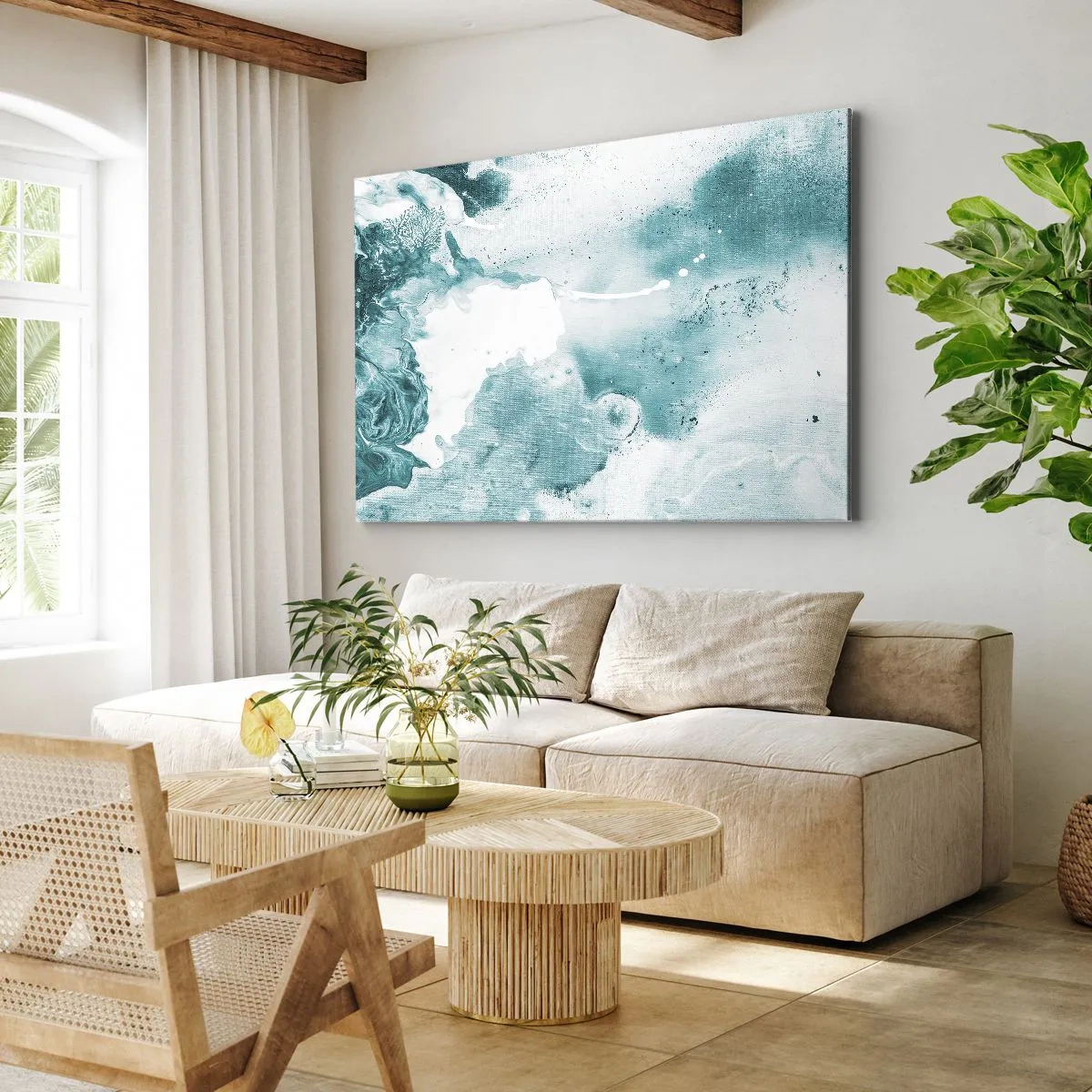 Obraz na plátne - Abstrakcia v odtieňoch modrej s jemnými akcentmi bielej - 70x50cm - Povodie modrej - Moderná nástenná dekorácia do obývacej izby a spálne ARTTOR