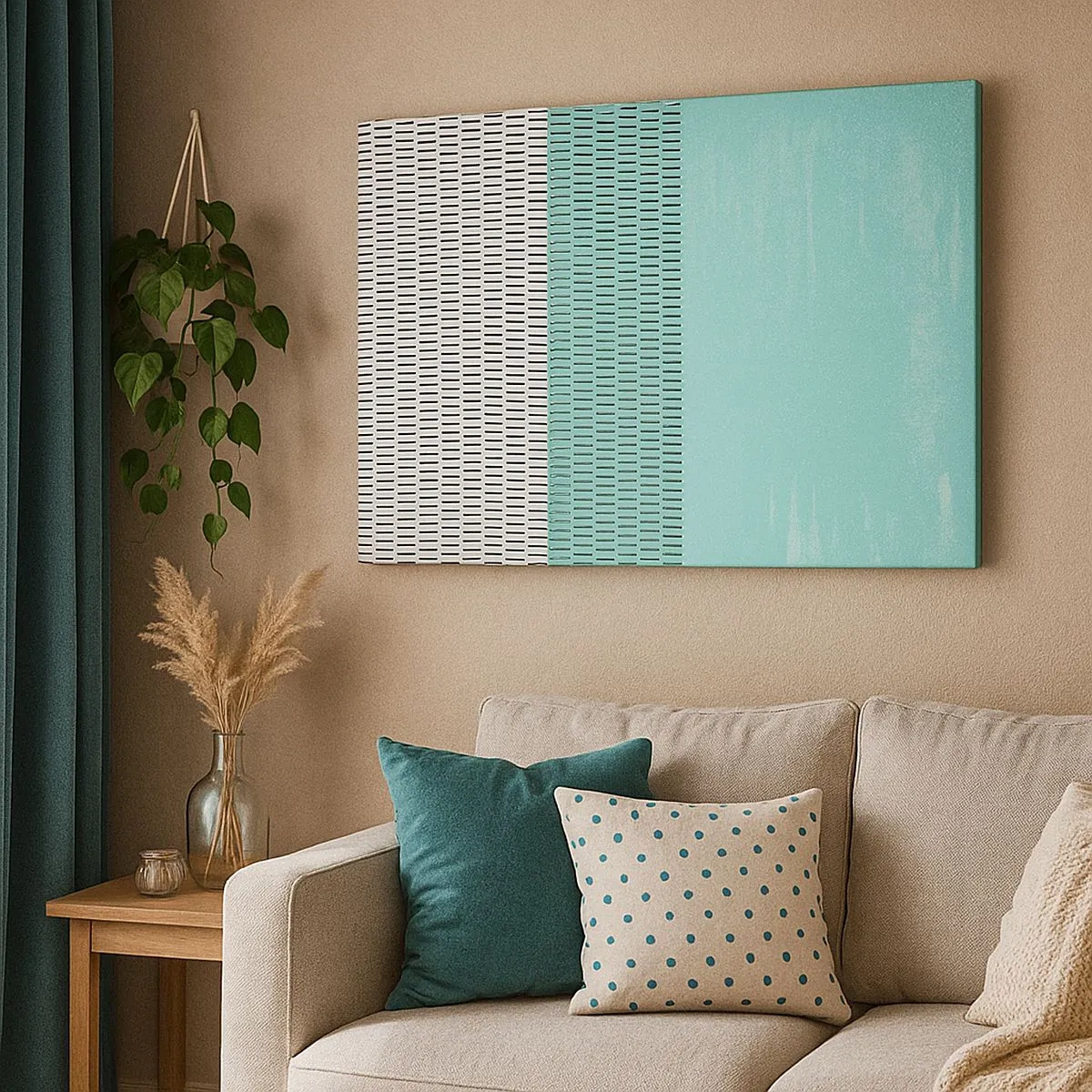 Obraz na plátne - Geometrická kompozícia s tyrkysovou a čiarami - 70x50cm - Vyvážená kompozícia - Moderná nástenná dekorácia do obývacej izby a spálne ARTTOR