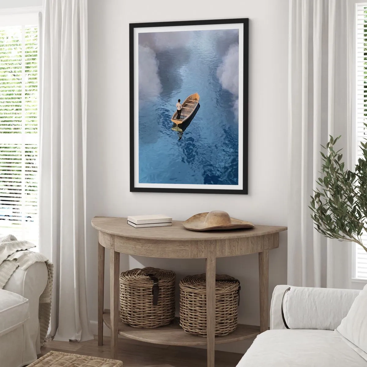 Plagát v čiernom ráme - Osoba v člne plávajúcej na vode odrážajúca oblohu a oblaky. - 50x70cm - Život – cesta – neistota - Moderná nástenná dekorácia do obývacej izby a spálne ARTTOR