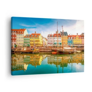Obraz na plátne - Farebné domy na kanáloch v Kodani - 70x50cm - Pri vode hladkej ako zrkadlo - Moderná nástenná dekorácia do obývacej izby a spálne ARTTOR