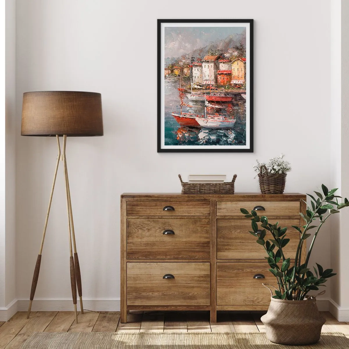 Plagát v čiernom ráme - Malebný prístav s plachetnicami v impresionistickom štýle - 50x70cm - Romantický prístav - Moderná nástenná dekorácia do obývacej izby a spálne ARTTOR