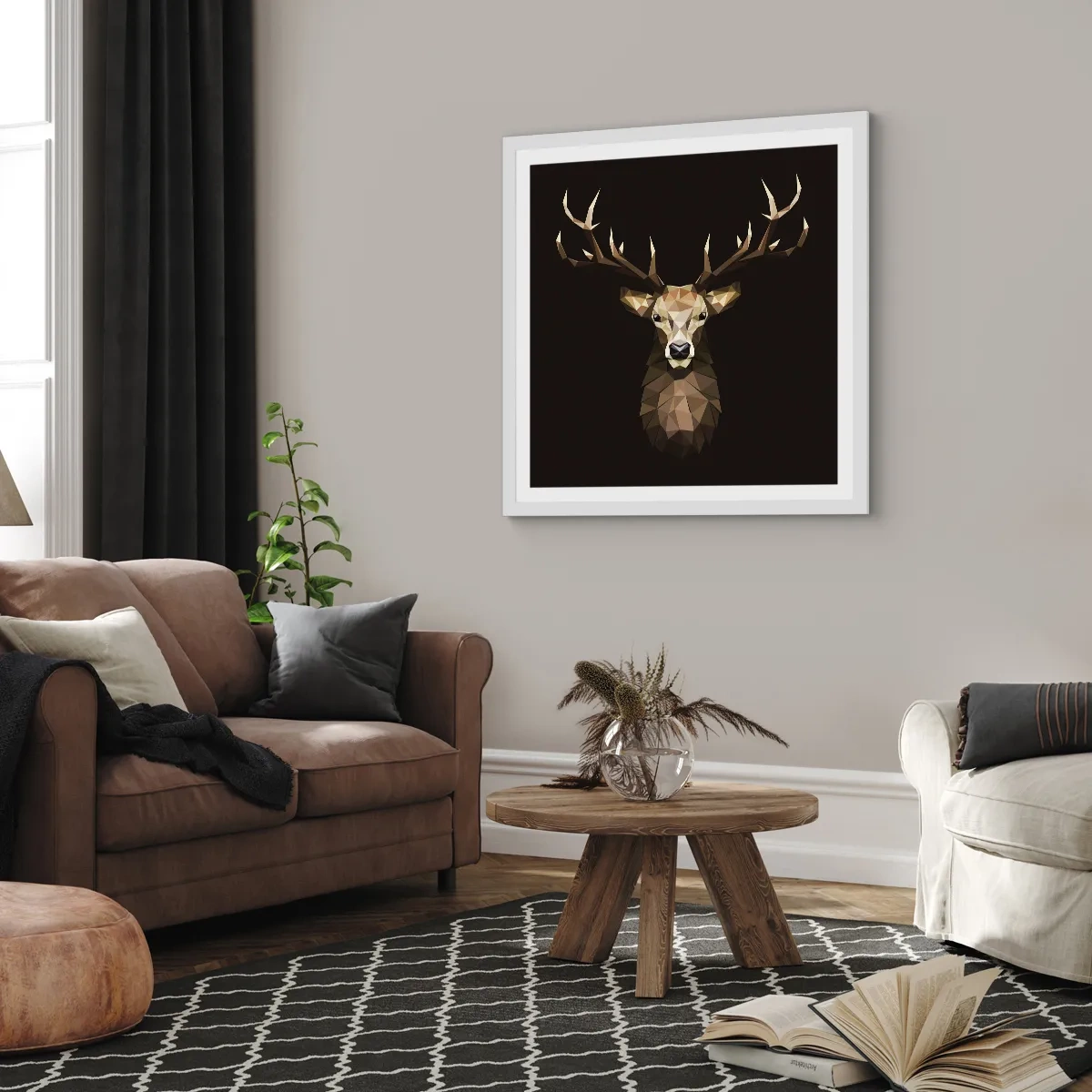 Plagát v bielom ráme - Kubistický jeleň - 60x60 cm