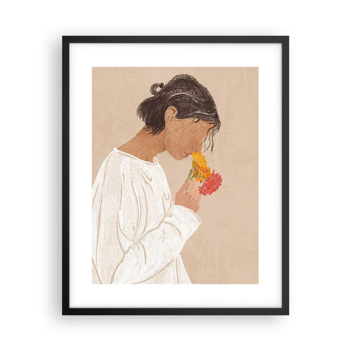 Plagát v čiernom ráme - Dievča a kvety - 40x50 cm