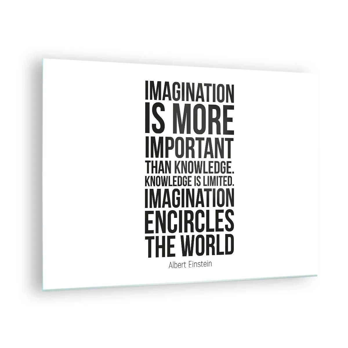 Obraz na skle - Citát o predstavivosti v minimalistickej typografii - 70x50cm - Einstein o sile predstavivosti - Moderná nástenná dekorácia do obývacej izby a spálne ARTTOR