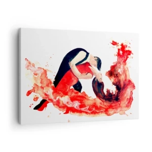 Obraz na plátne - Dynamický akvarelový obraz tanečného páru v červených farbách. - 70x50cm - Tango - zmyselná vlna - Moderná nástenná dekorácia do obývacej izby a spálne ARTTOR
