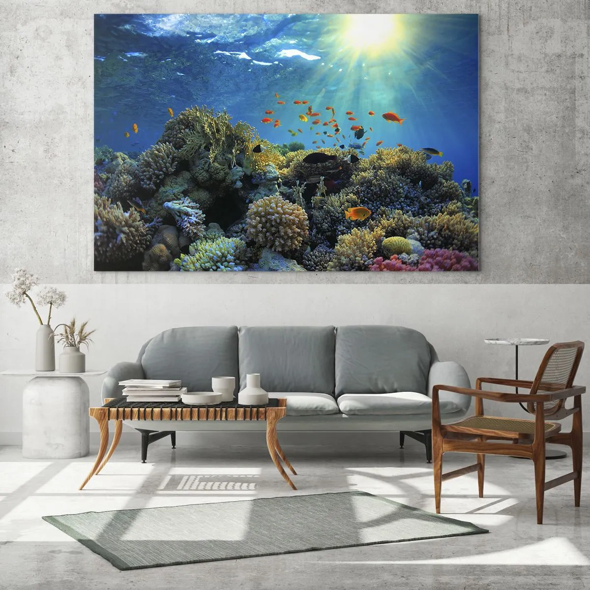 Obraz na skle - Farebný koralový útes osvetlený slnečnými lúčmi - 70x50cm - Podvodné poklady - Moderná nástenná dekorácia do obývacej izby a spálne ARTTOR