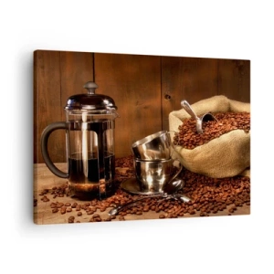 Obraz na plátne - French press, šálky a vrecko kávy na drevenom pozadí - 70x50cm - Kúzlo kávy - aróma a chuť - Moderná nástenná dekorácia do obývacej izby a spálne ARTTOR