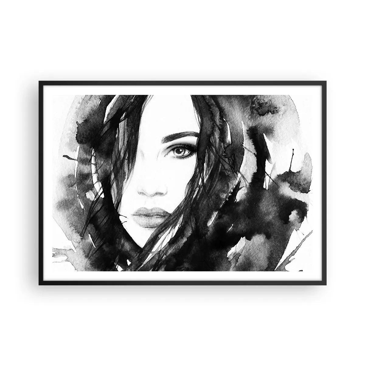 Plagát v čiernom ráme - Portrét dámy v čiernej a bielej - 100x70 cm