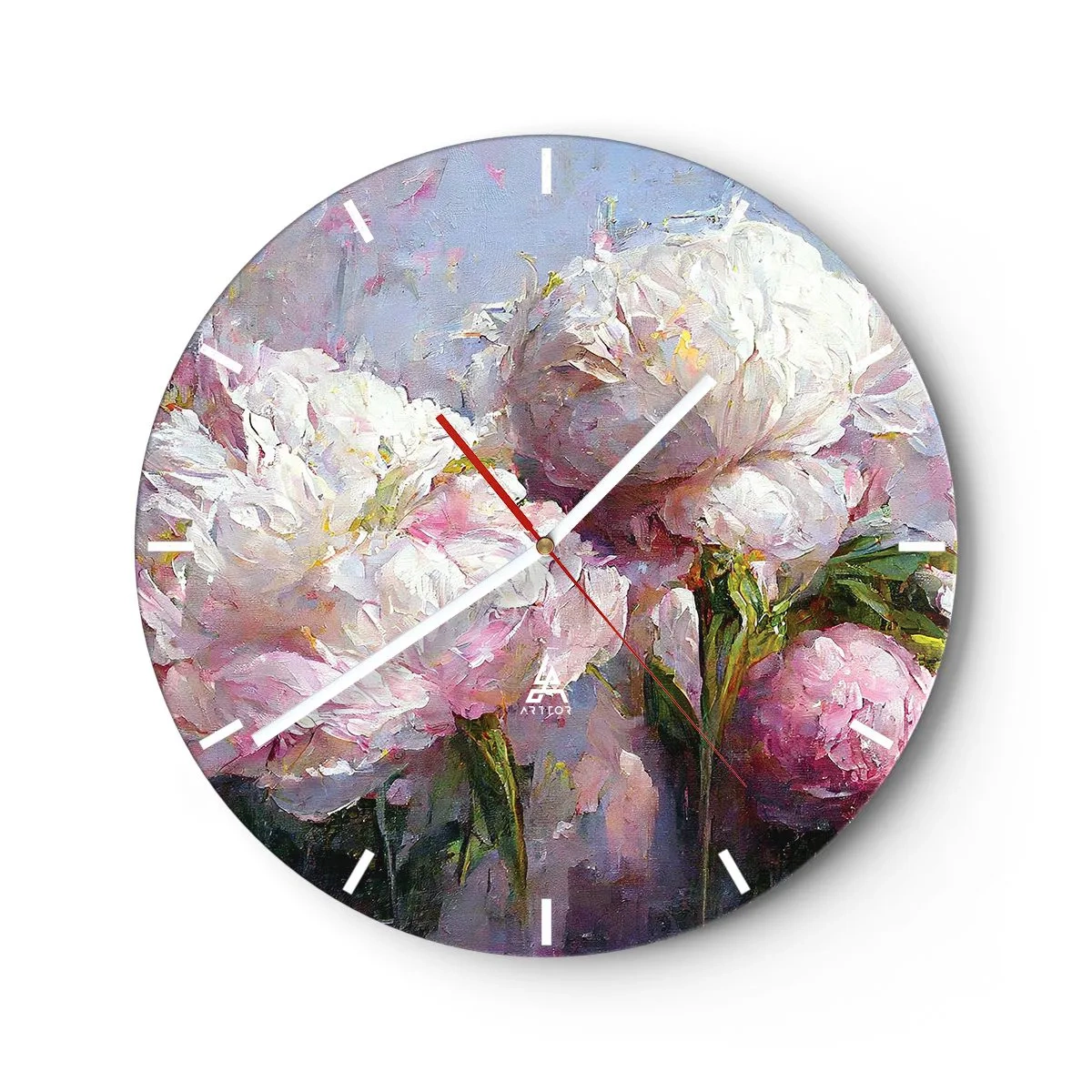 Nástenné hodiny - Kytica bielych a ružových kvetov na modrom pozadí - 30x30cm - Kytica prekypujúca životom - Moderná nástenná dekorácia do obývacej izby, kuchyne a spálne ARTTOR