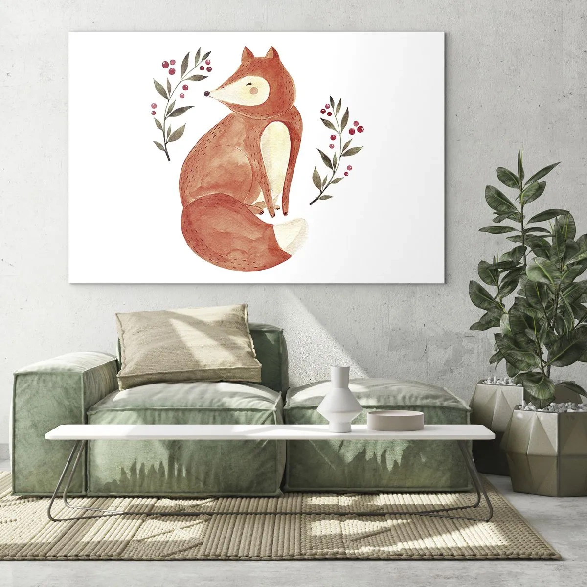 Obraz na skle - Rozkošná akvarelová líška s vetvičkami a bobuľami - 70x50cm - Malý hrdzavec - Moderná nástenná dekorácia do obývacej izby a spálne ARTTOR
