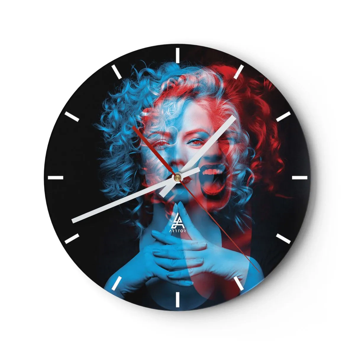 Nástenné hodiny - 3D efekt ženy v modrých a červených farbách - 30x30cm - Alter ego - Moderná nástenná dekorácia do obývacej izby, kuchyne a spálne ARTTOR