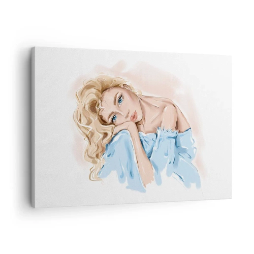 Obraz na plátne - Portrét ženy v modrých šatách s blond vlasmi - 70x50cm - Zasnená v modrej - Moderná nástenná dekorácia do obývacej izby a spálne ARTTOR