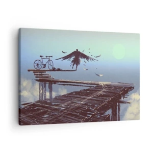 Obraz na plátne - Postava s perím sa vznáša nad dreveným mostom vedľa bicykla. - 70x50cm - Ikaros večne živý - Moderná nástenná dekorácia do obývacej izby a spálne ARTTOR