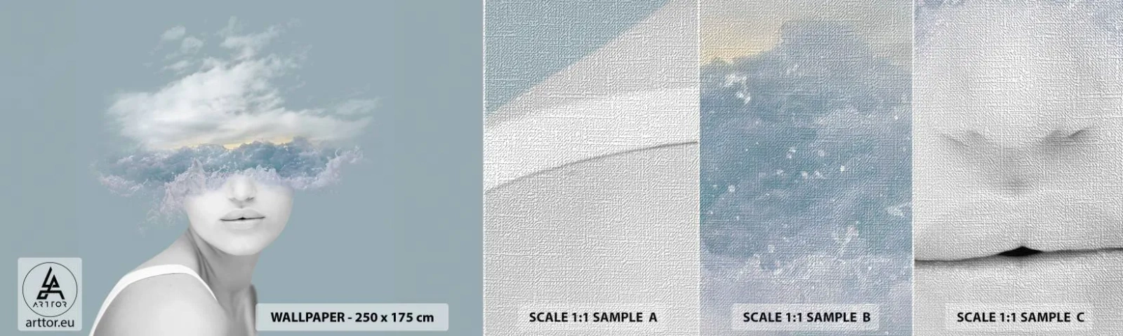 Vzorka fototapety Premium Canvas - S hlavou v oblakoch - Svetlý, Portrét, Mraky - 100x30 cm