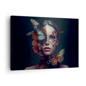 Obraz na plátne - Portrét ženy s motýľmi a rastlinnými prvkami - 70x50cm - Nádherná metamorfóza - Moderná nástenná dekorácia do obývacej izby a spálne ARTTOR