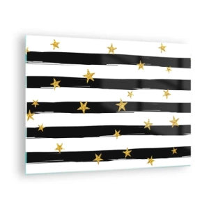 Obraz na skle - Čiernobiele pruhy so zlatými hviezdami - 70x50cm - Všetci sme sa narodili pod šťastnou hviezdou - Moderná nástenná dekorácia do obývacej izby a spálne ARTTOR