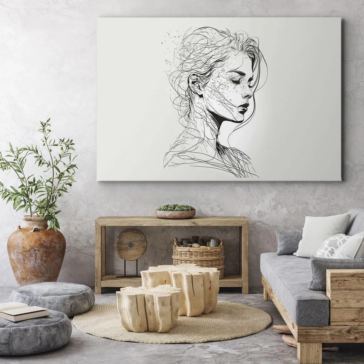 Obraz na plátne - Jemný portrét ženy v minimalistickom grafickom štýle. - 70x50cm - Portrét v zamyslení - Moderná nástenná dekorácia do obývacej izby a spálne ARTTOR
