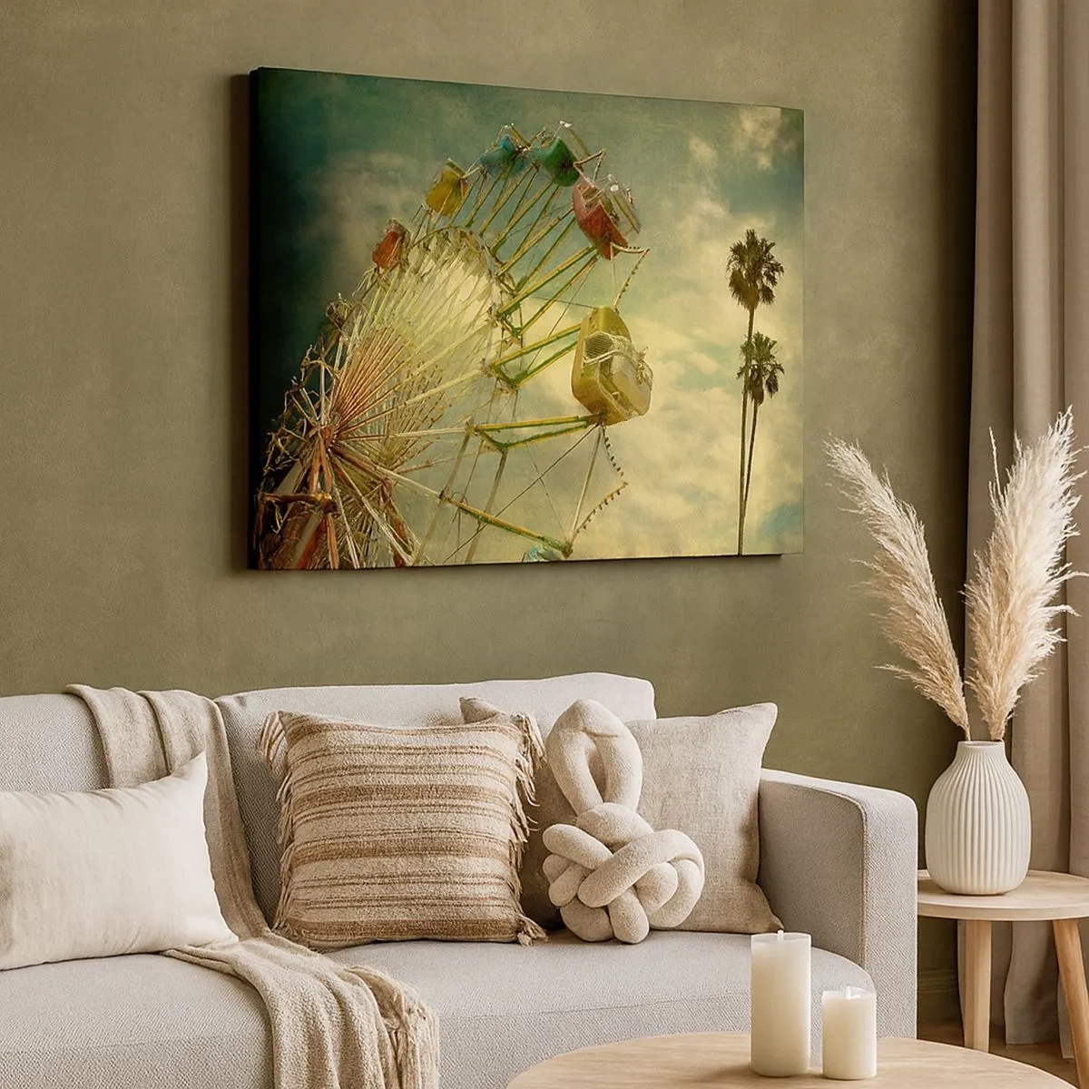 Obraz na plátne - Retro fotografia ruského kolesa s palmami na pozadí oblohy - 70x50cm - Bude, bude zábava… - Moderná nástenná dekorácia do obývacej izby a spálne ARTTOR